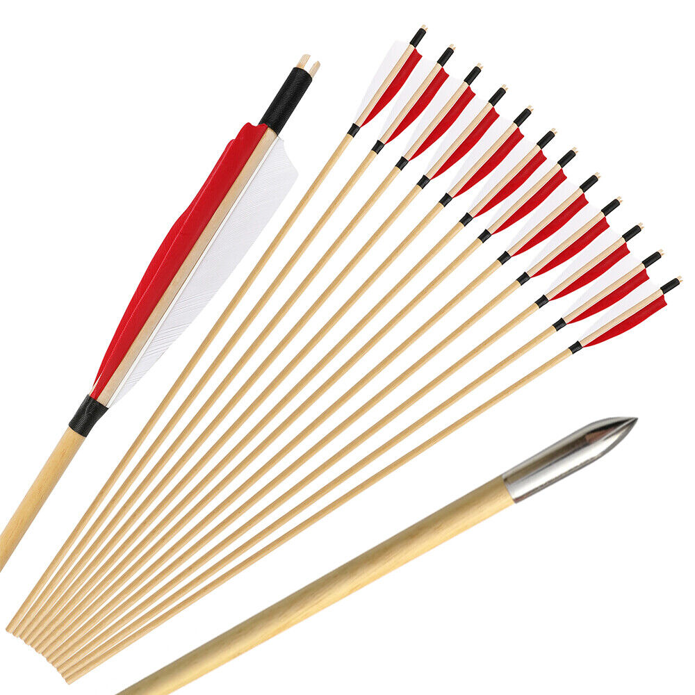 Traditional Wooden Arrows, 31.5", 8mm, 5" Shield Feathers, 12pcs Set, Steel Tips
